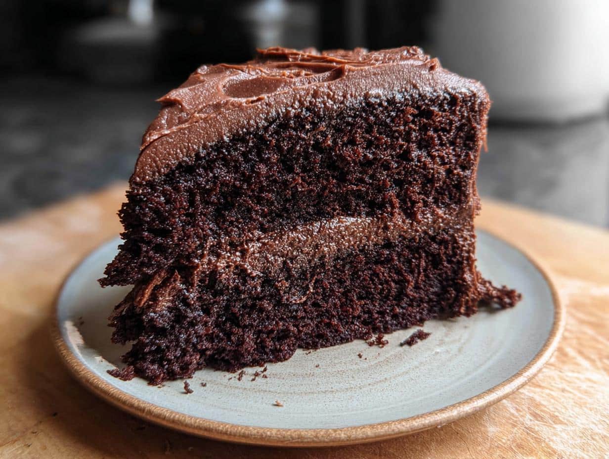 A moist slice of Gluten-Free Dairy-Free Chocolate Cake layered with rich chocolate frosting.