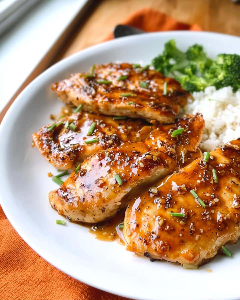 Four pieces of glossy Gluten-Free Honey Garlic Chicken served on a white plate with white rice and steamed broccoli.