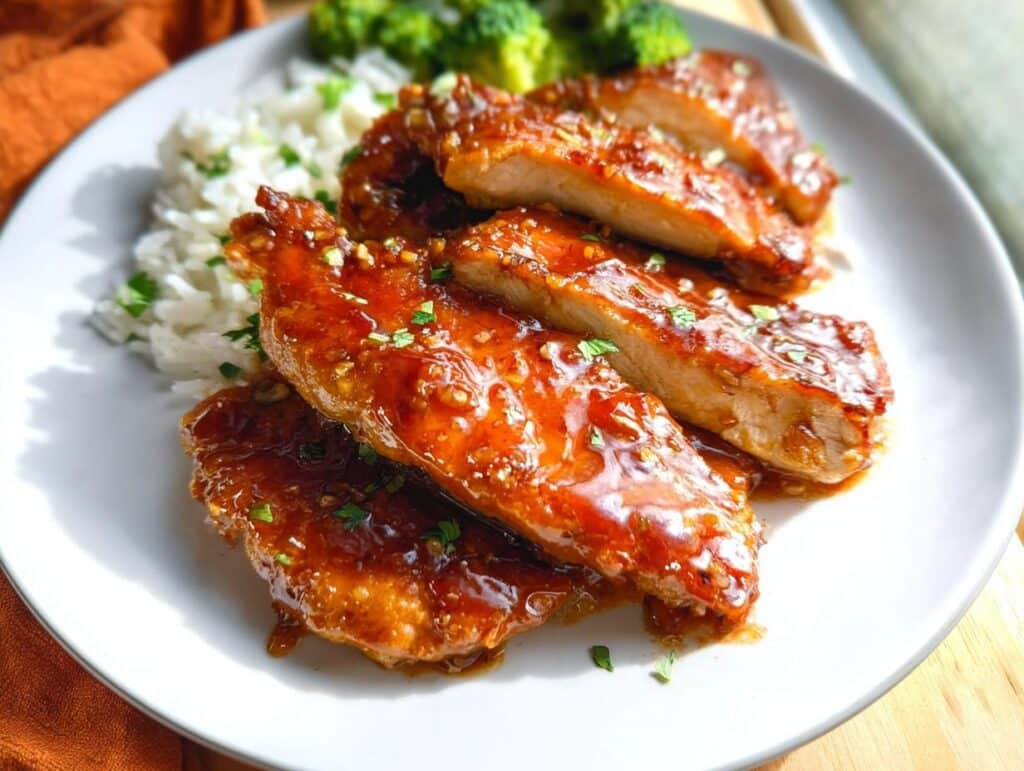 Slices of glossy Gluten-Free Honey Garlic Chicken served over white rice with steamed broccoli.