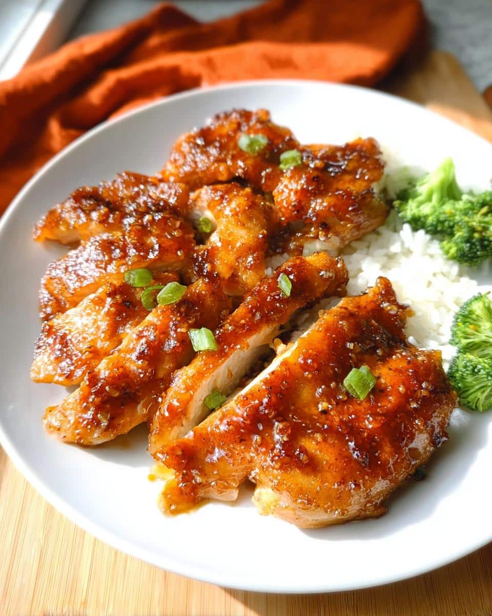 Sliced Gluten-Free Honey Garlic Chicken glazed with a sticky sauce, served over white rice and broccoli.