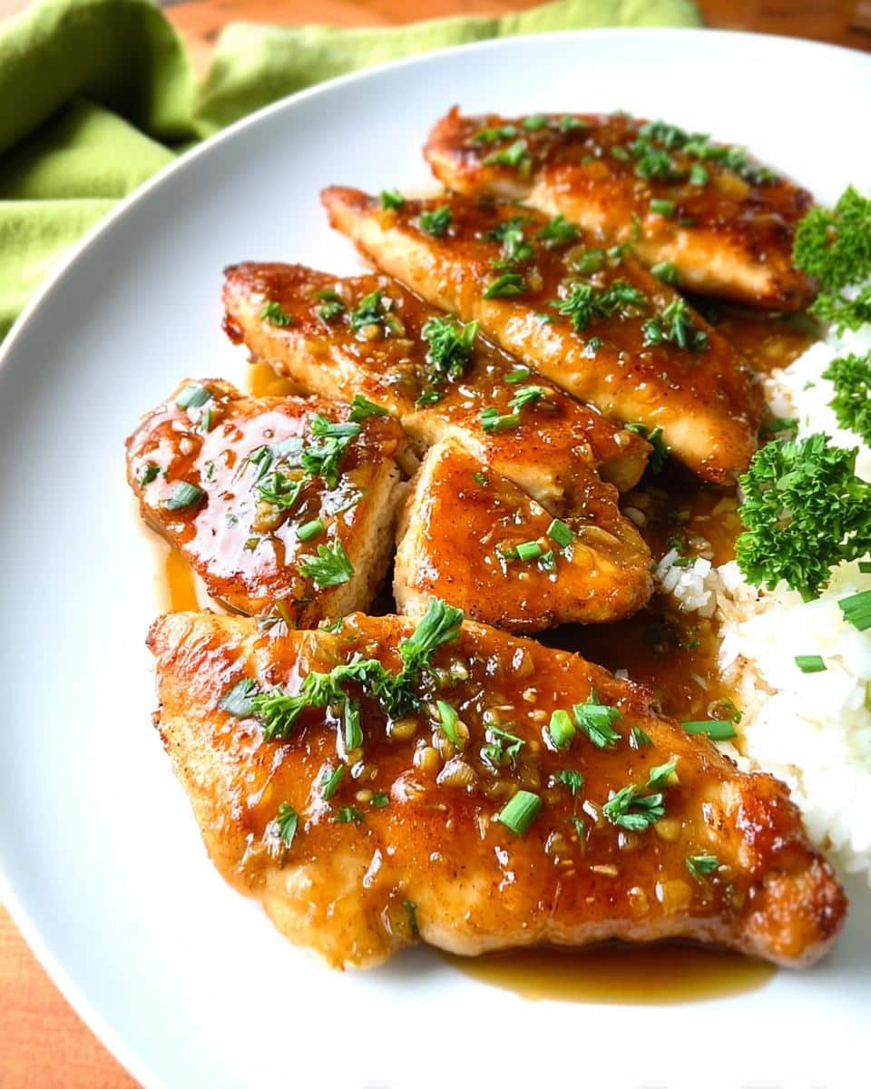 Four slices of glossy Gluten-Free Honey Garlic Chicken drizzled with sauce and topped with chives, served over rice.