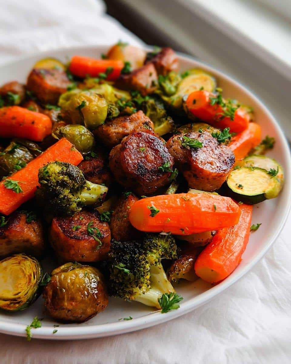 Close-up of roasted sausage slices mixed with carrots, broccoli, and Brussels sprouts for Gluten-Free One-Pan Sausage and Veggies.