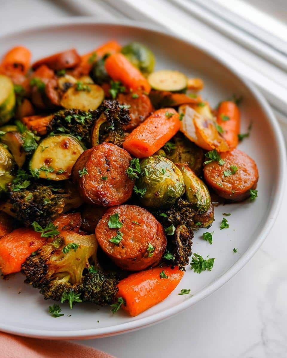 A close-up of sliced sausage mixed with roasted carrots, broccoli, and Brussels sprouts for Gluten-Free One-Pan Sausage and Veggies.
