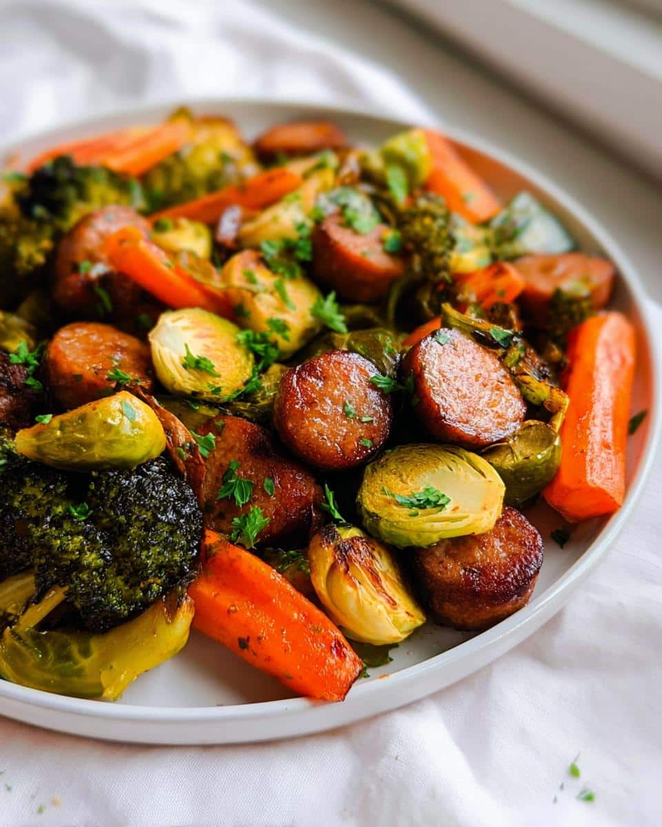 A plate of roasted sausage slices, carrots, broccoli, and Brussels sprouts from the Gluten-Free One-Pan Sausage and Veggies recipe.