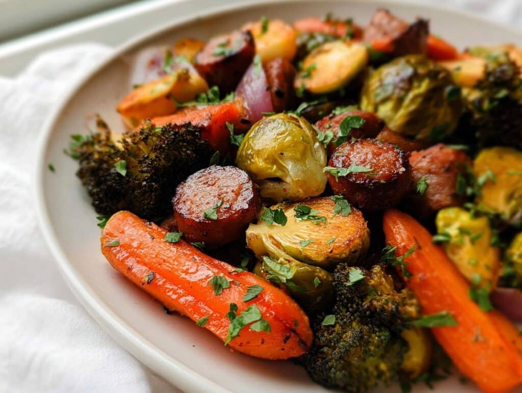 Close-up of roasted carrots, Brussels sprouts, sausage coins, and broccoli, seasoned and garnished for Gluten-Free One-Pan Sausage and Veggies.