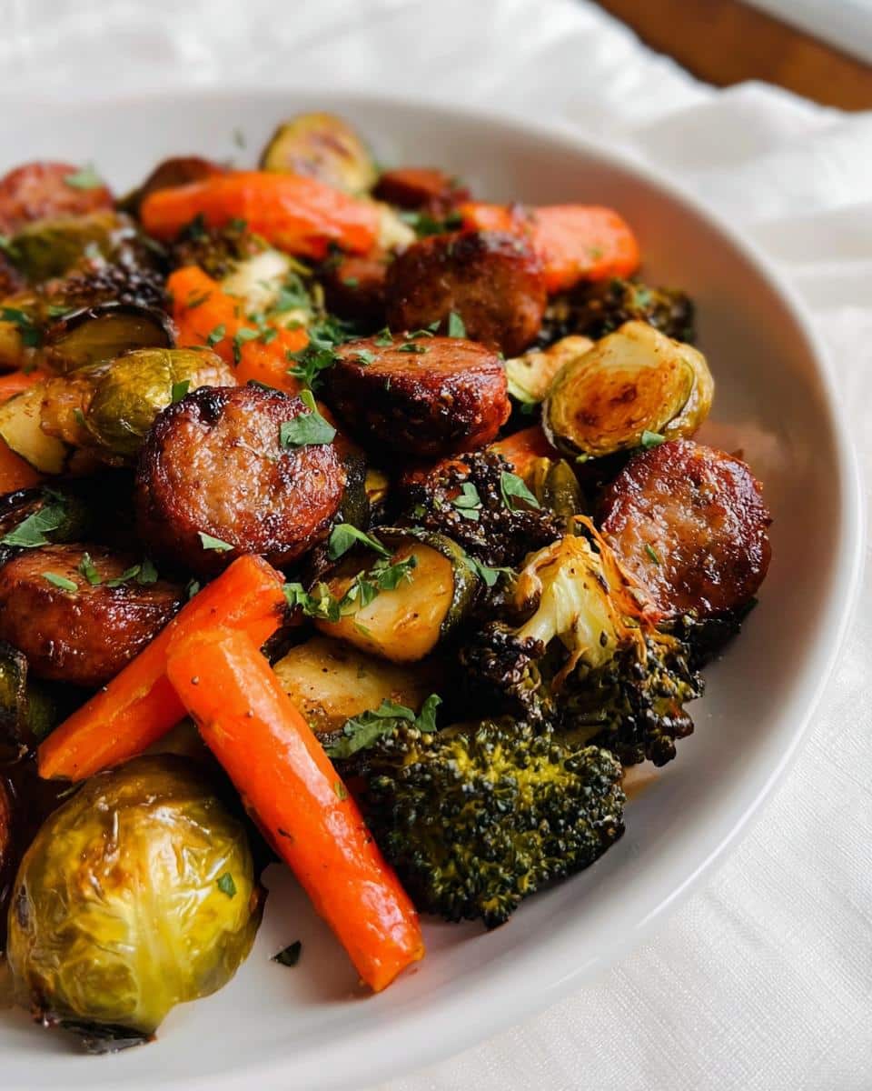 Close-up of roasted sausage slices, carrots, broccoli, and Brussels sprouts in a white dish for Gluten-Free One-Pan Sausage and Veggies.