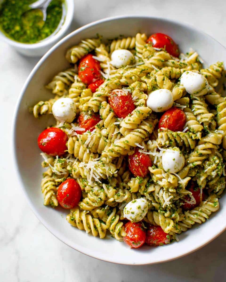 Close-up of a Gluten-Free Pesto Pasta Bowl featuring fusilli pasta tossed in pesto with cherry tomatoes and mozzarella balls.