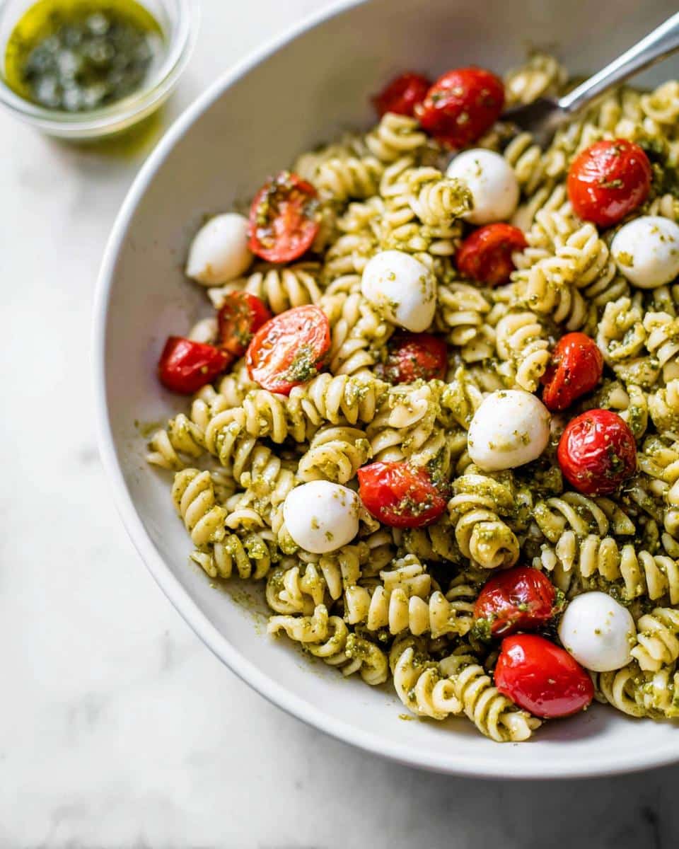 Close-up of a Gluten-Free Pesto Pasta Bowl featuring rotini pasta, cherry tomatoes, and mozzarella balls.