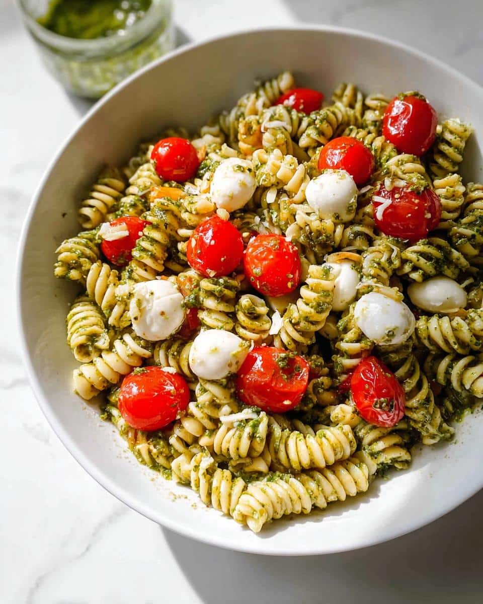 A close-up overhead shot of a Gluten-Free Pesto Pasta Bowl featuring fusilli pasta, bright red cherry tomatoes, and small mozzarella balls.