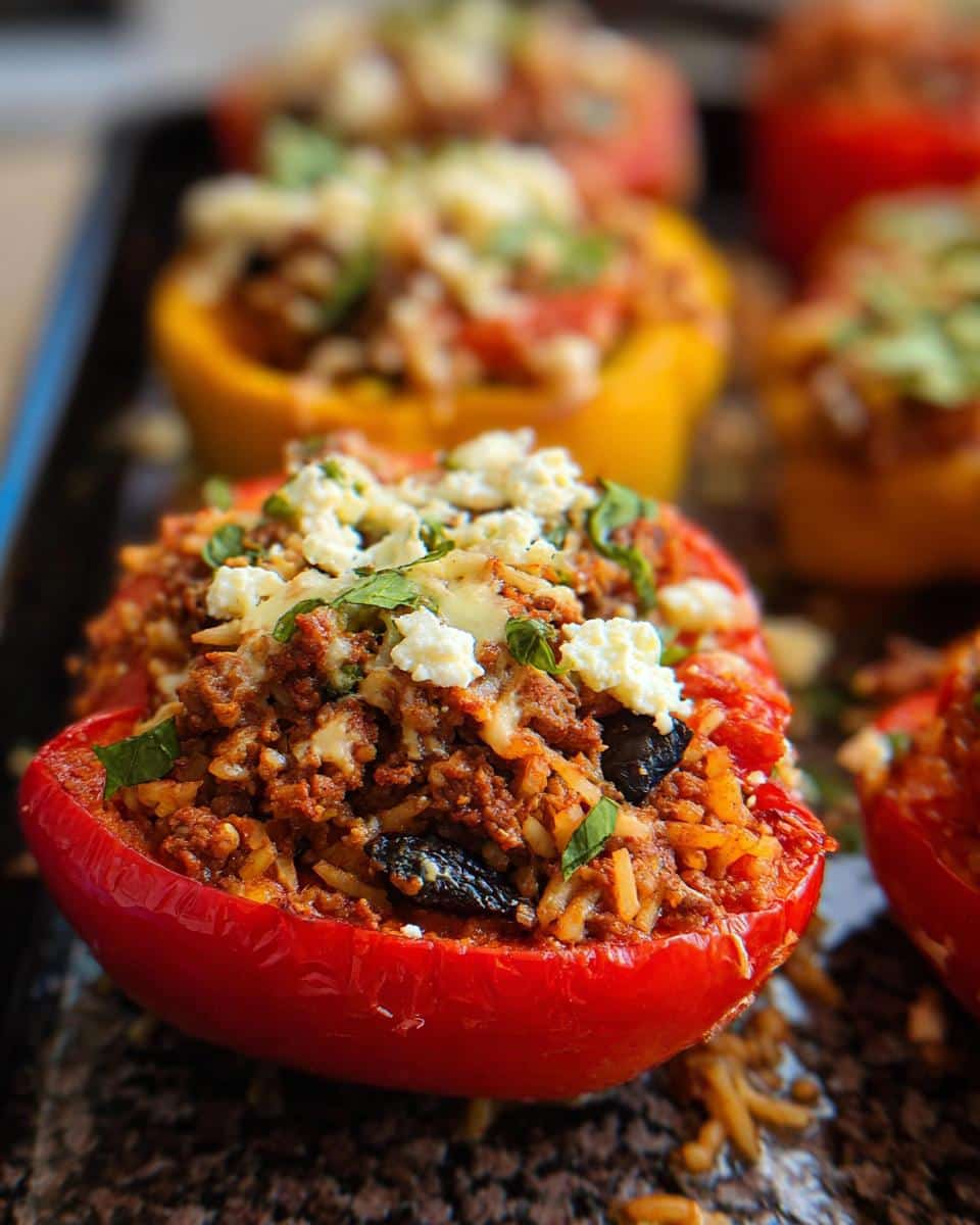 A close-up view of a vibrant red Gluten-Free Stuffed Bell Pepper topped with feta cheese and herbs.