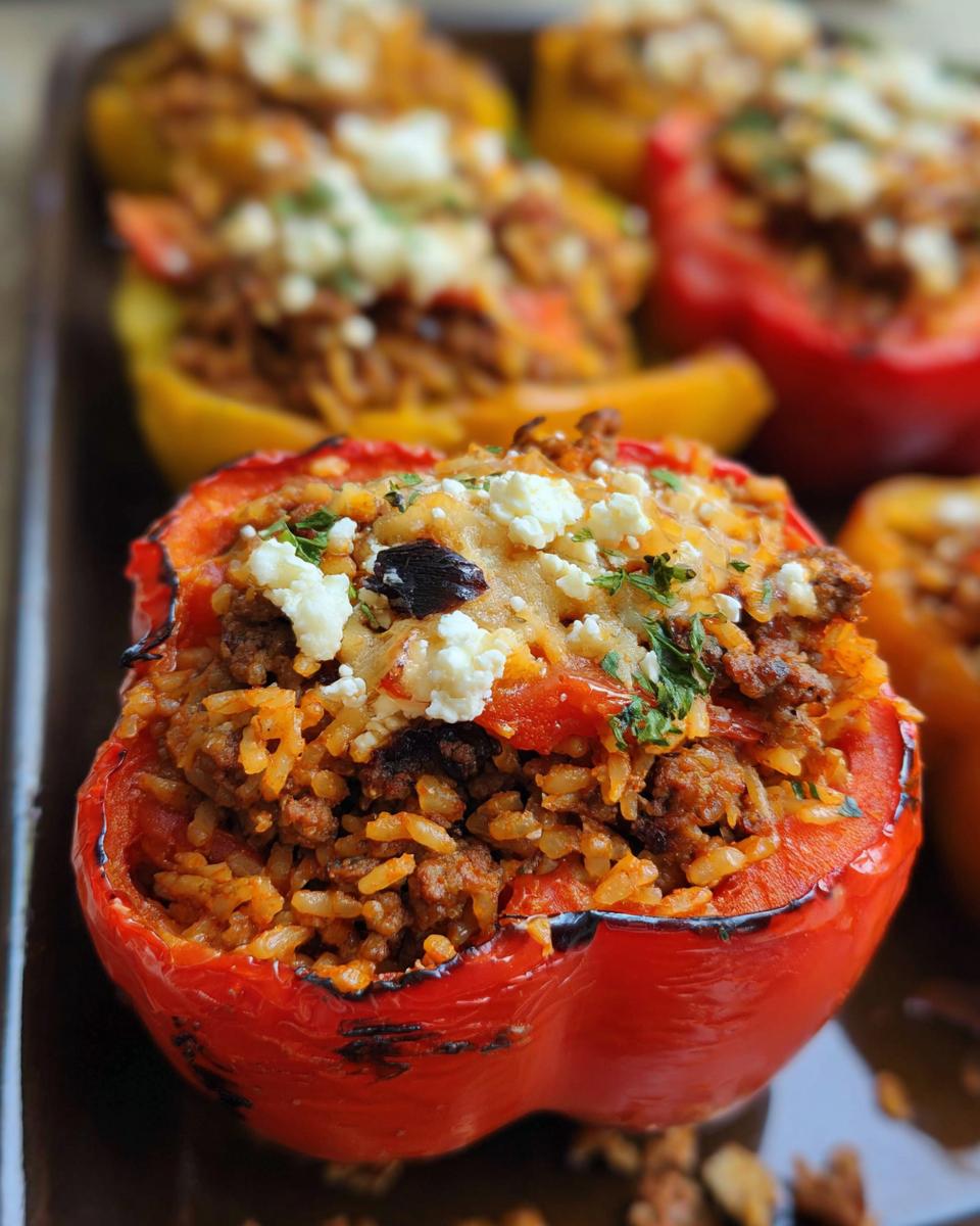 Close-up of a baked red Gluten-Free Stuffed Bell Pepper filled with seasoned ground meat and rice, topped with feta cheese.