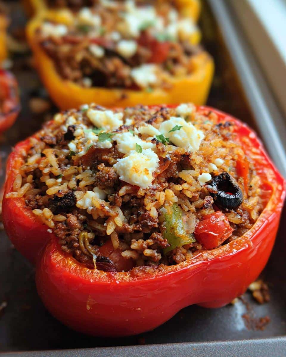 Close-up of a vibrant red Gluten-Free Stuffed Bell Pepper filled with rice, meat, and topped with crumbled feta cheese.