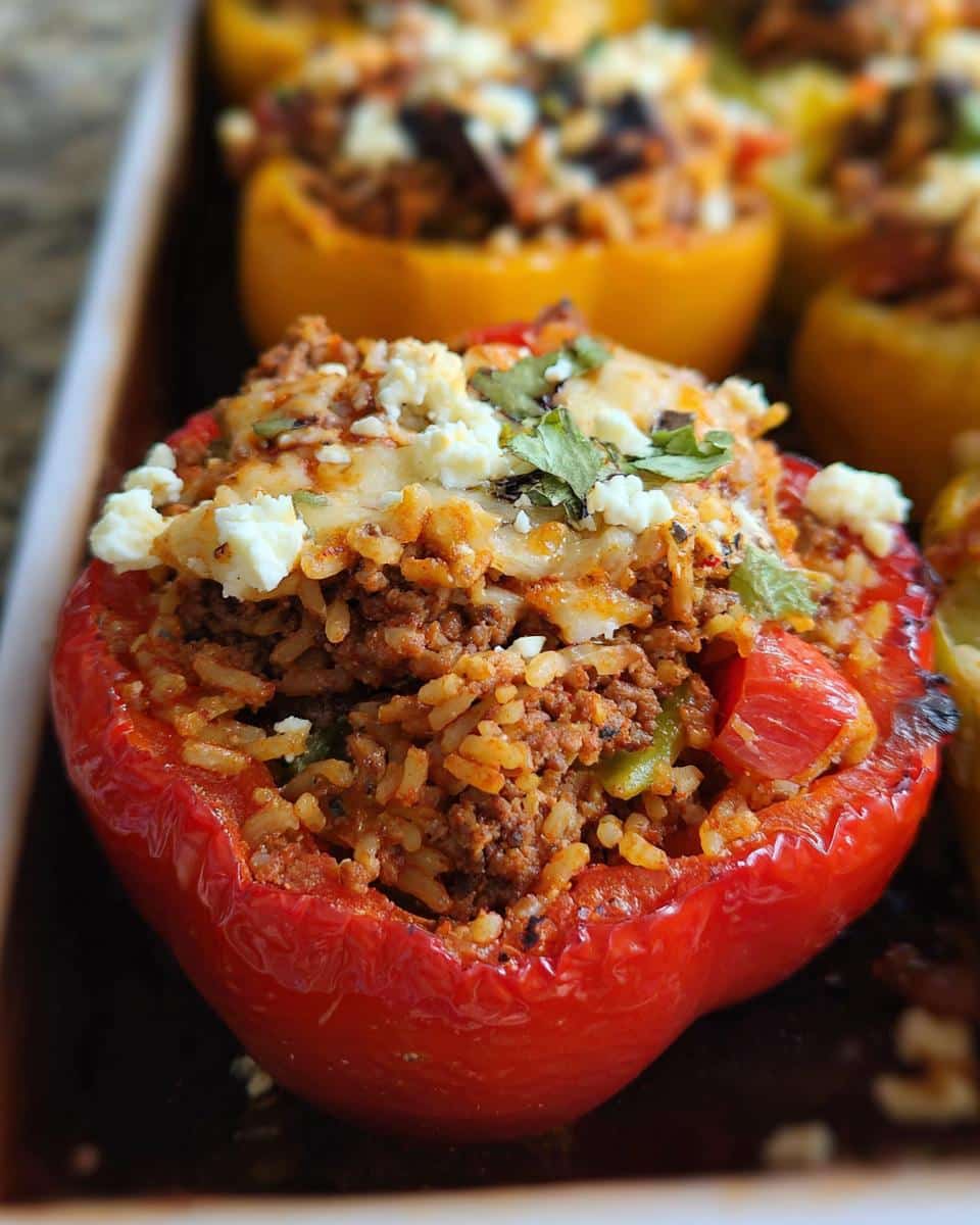 Close-up of a bright red Gluten-Free Stuffed Bell Pepper topped with melted cheese and feta.