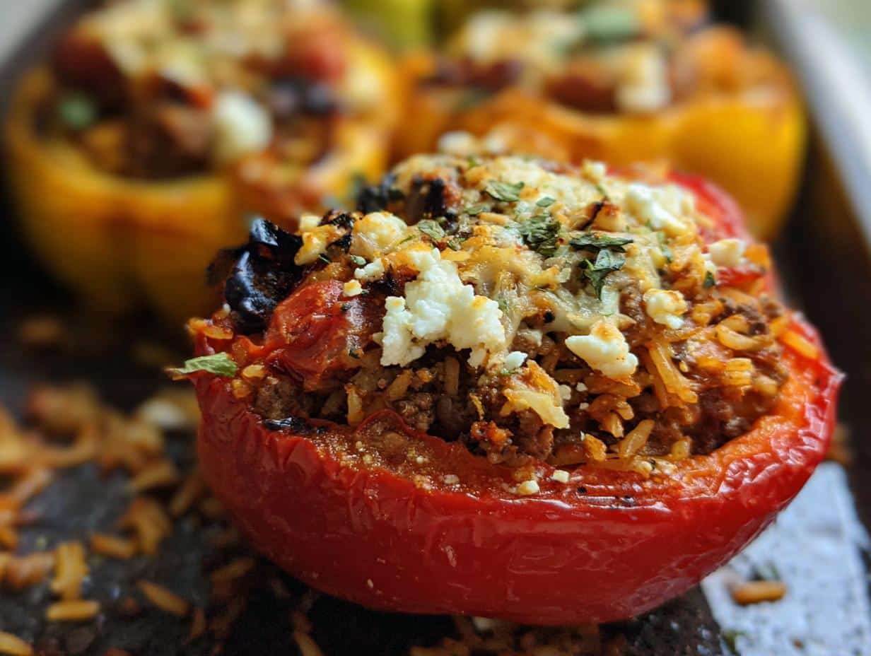 A close-up of a baked red Gluten-Free Stuffed Bell Pepper topped with cheese and herbs.