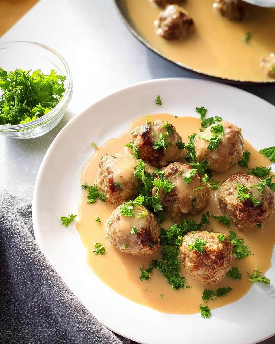 Close-up of Gluten-Free Swedish Meatballs served on a white plate covered in creamy gravy and fresh parsley.
