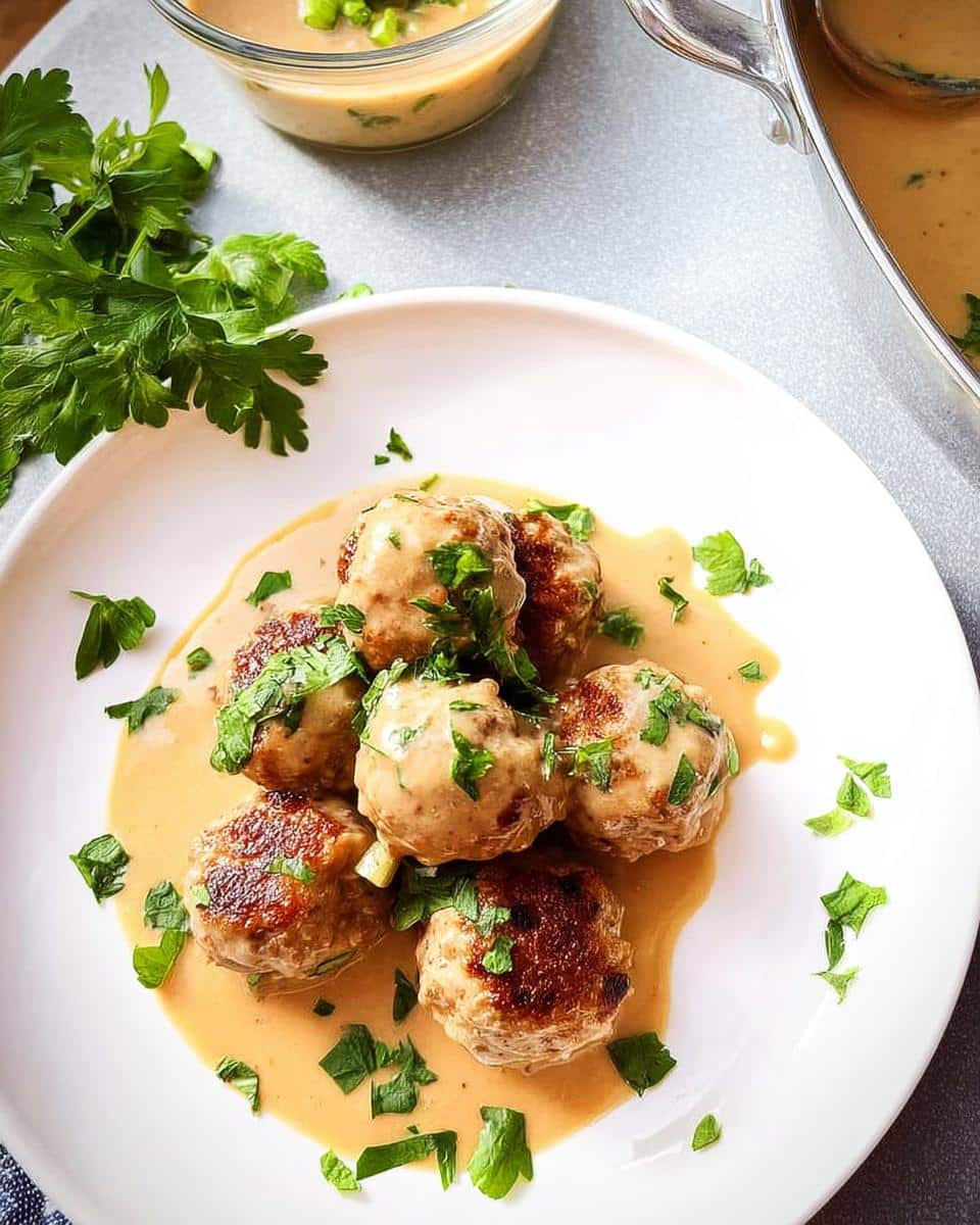 A white plate featuring several Gluten-Free Swedish Meatballs covered in creamy brown sauce and garnished with fresh parsley.