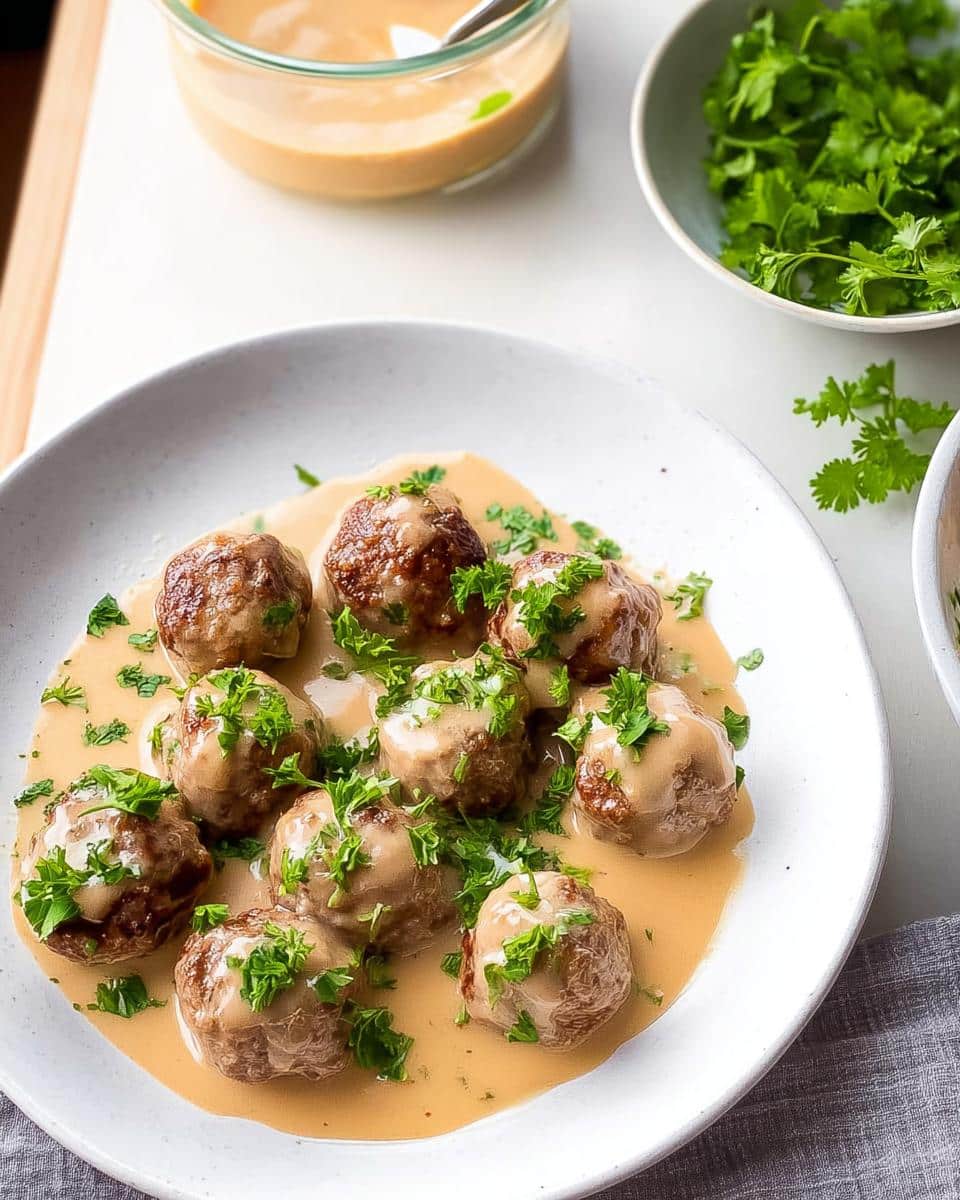 A white plate featuring several Gluten-Free Swedish Meatballs covered in creamy brown sauce and sprinkled with fresh parsley.