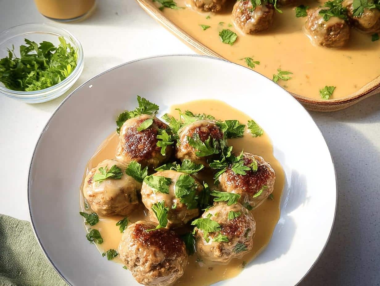 A white plate holds several Gluten-Free Swedish Meatballs covered in creamy gravy and fresh parsley.