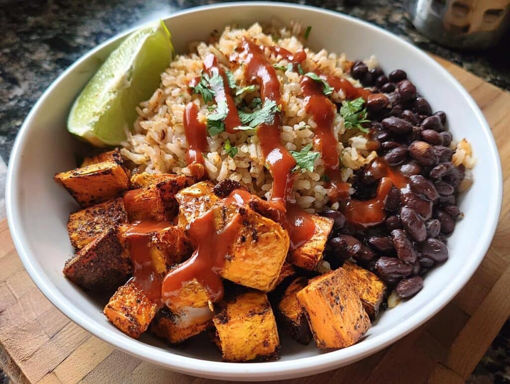 Close-up of a Gluten-Free Sweet Potato Black Bean Bowl with rice, roasted sweet potatoes, black beans, and red sauce.