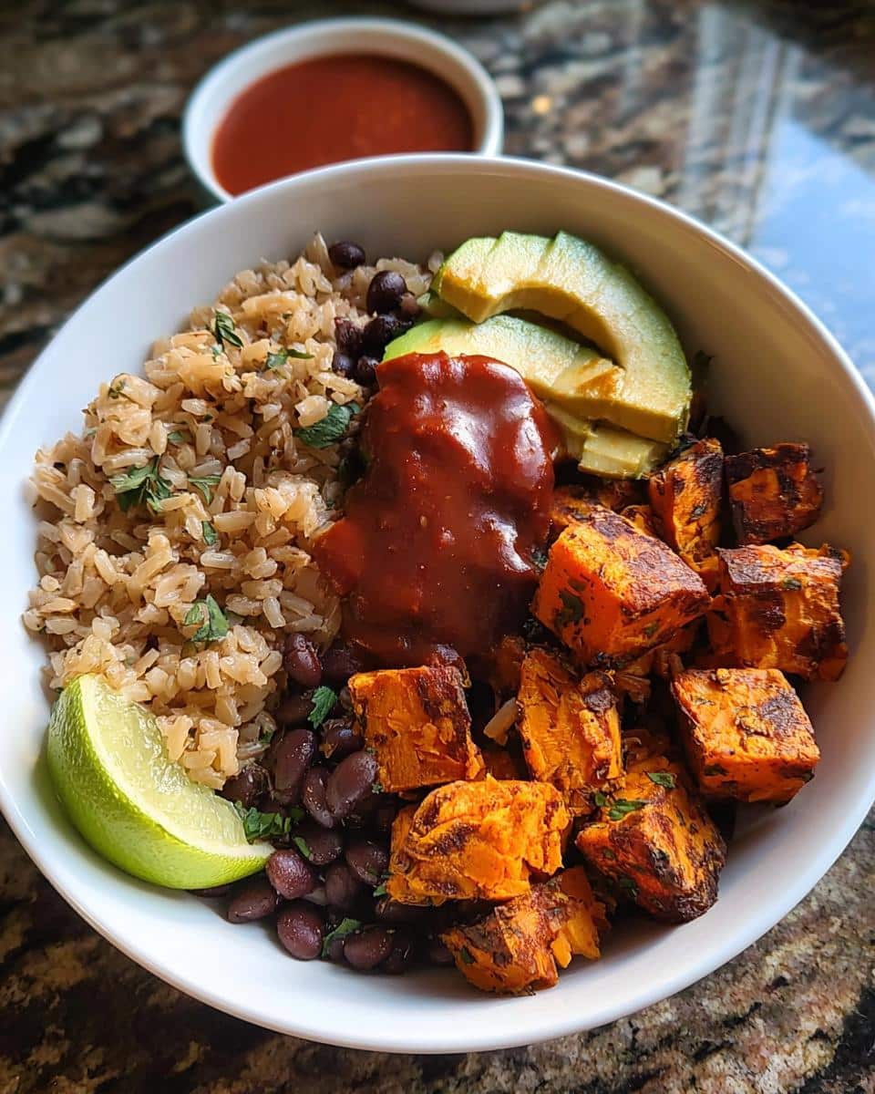 A vibrant Gluten-Free Sweet Potato Black Bean Bowl featuring roasted sweet potatoes, brown rice, black beans, avocado, and sauce.