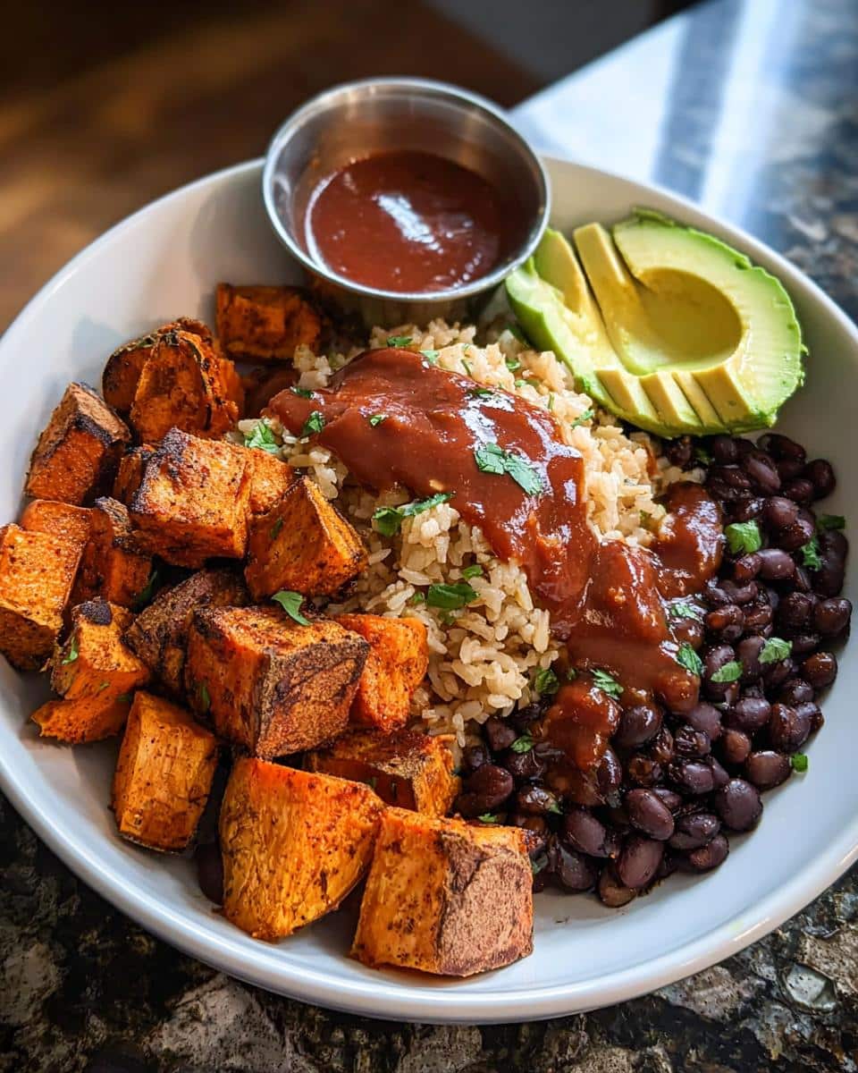 Close-up of a Gluten-Free Sweet Potato Black Bean Bowl with roasted sweet potatoes, brown rice, black beans, avocado.