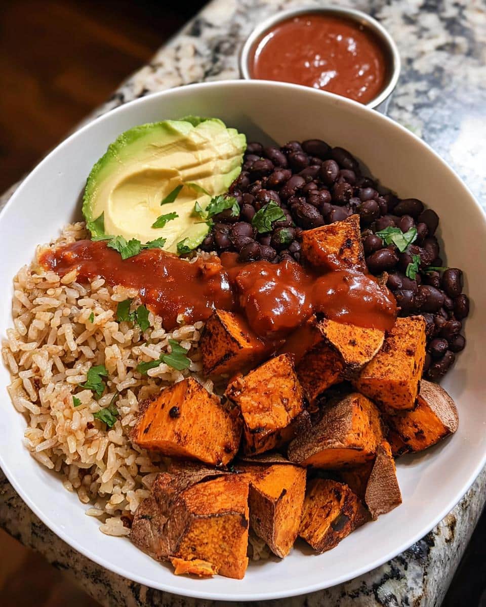 A vibrant Gluten-Free Sweet Potato Black Bean Bowl featuring brown rice, black beans, roasted sweet potatoes, avocado, and sauce.