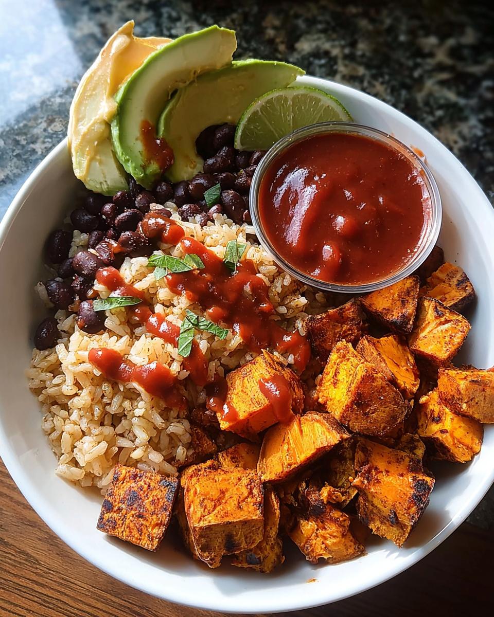 A vibrant Gluten-Free Sweet Potato Black Bean Bowl featuring brown rice, black beans, roasted sweet potatoes, avocado, and salsa.