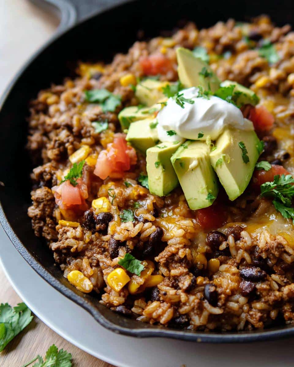 Close-up of a hearty Gluten-Free Taco Skillet topped with avocado, sour cream, and cilantro in a black skillet.