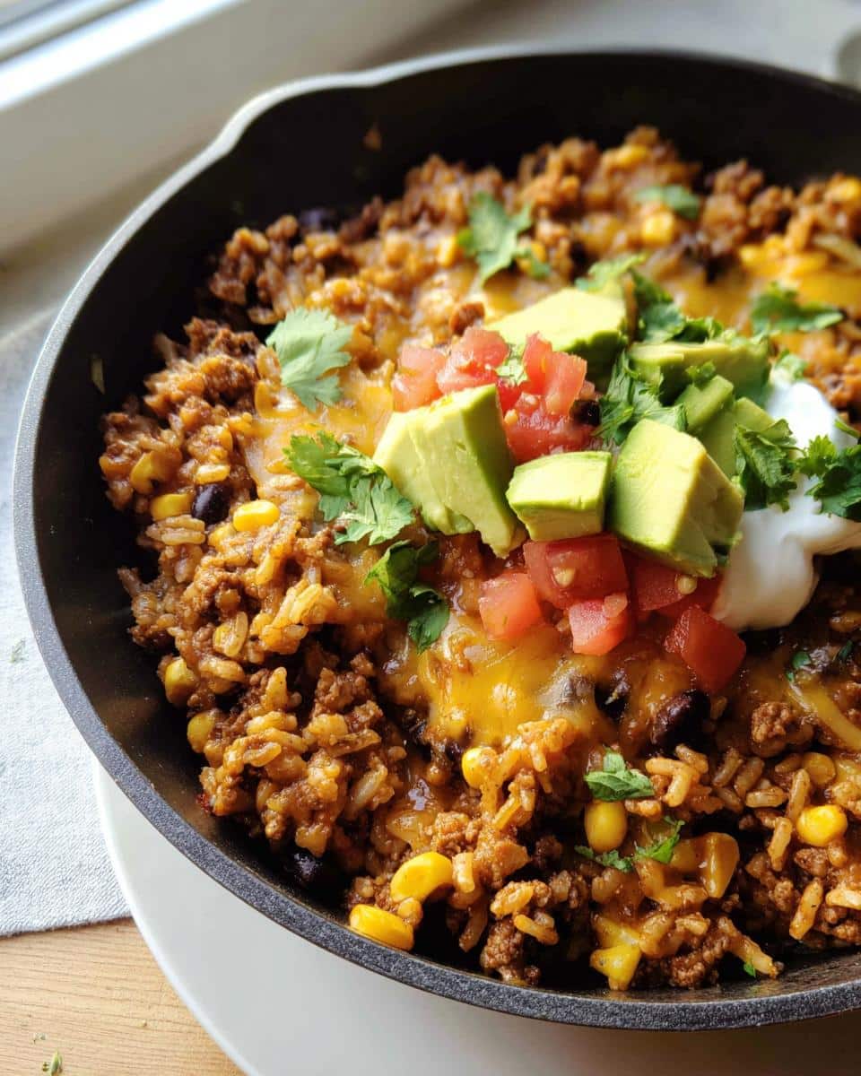 Close-up of a Gluten-Free Taco Skillet with ground beef, rice, corn, melted cheese, topped with avocado, tomato, and sour cream.