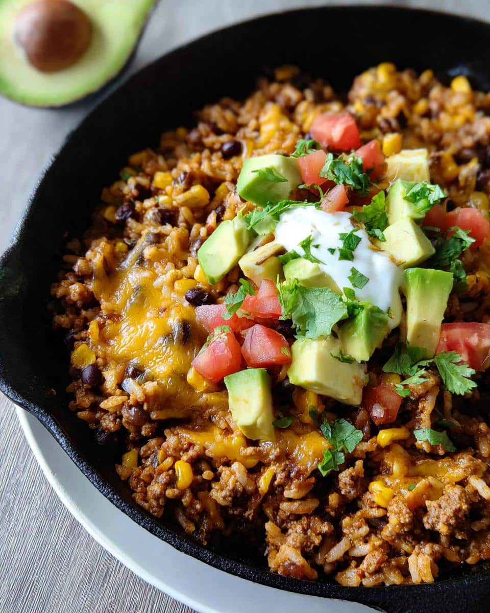 Close-up of a hot Gluten-Free Taco Skillet featuring seasoned ground meat, rice, corn, black beans, melted cheese, topped with diced avocado, tomato, and sour cream.
