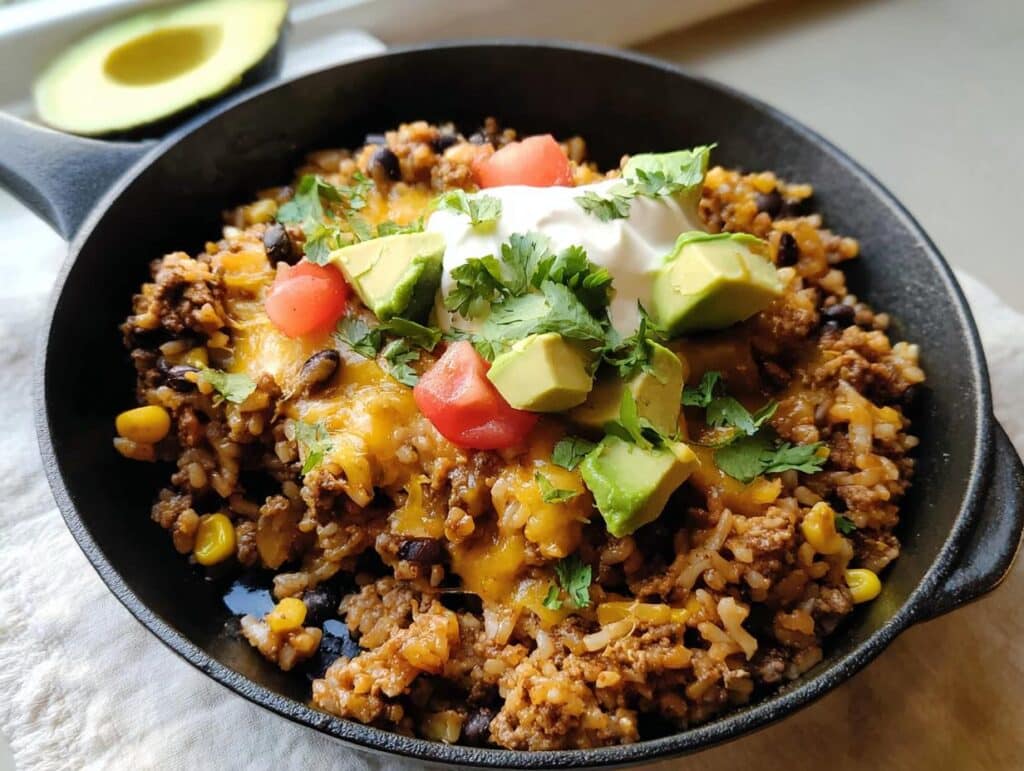 Close-up of a Gluten-Free Taco Skillet featuring seasoned ground meat, rice, black beans, and corn, topped with melted cheese, sour cream, avocado, and cilantro.