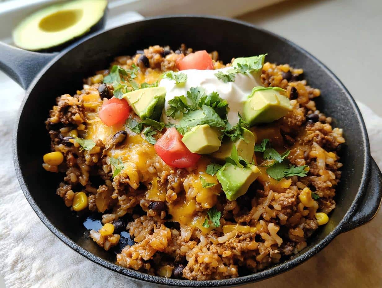 Close-up of a Gluten-Free Taco Skillet featuring seasoned ground meat, rice, black beans, and corn, topped with melted cheese, sour cream, avocado, and cilantro.