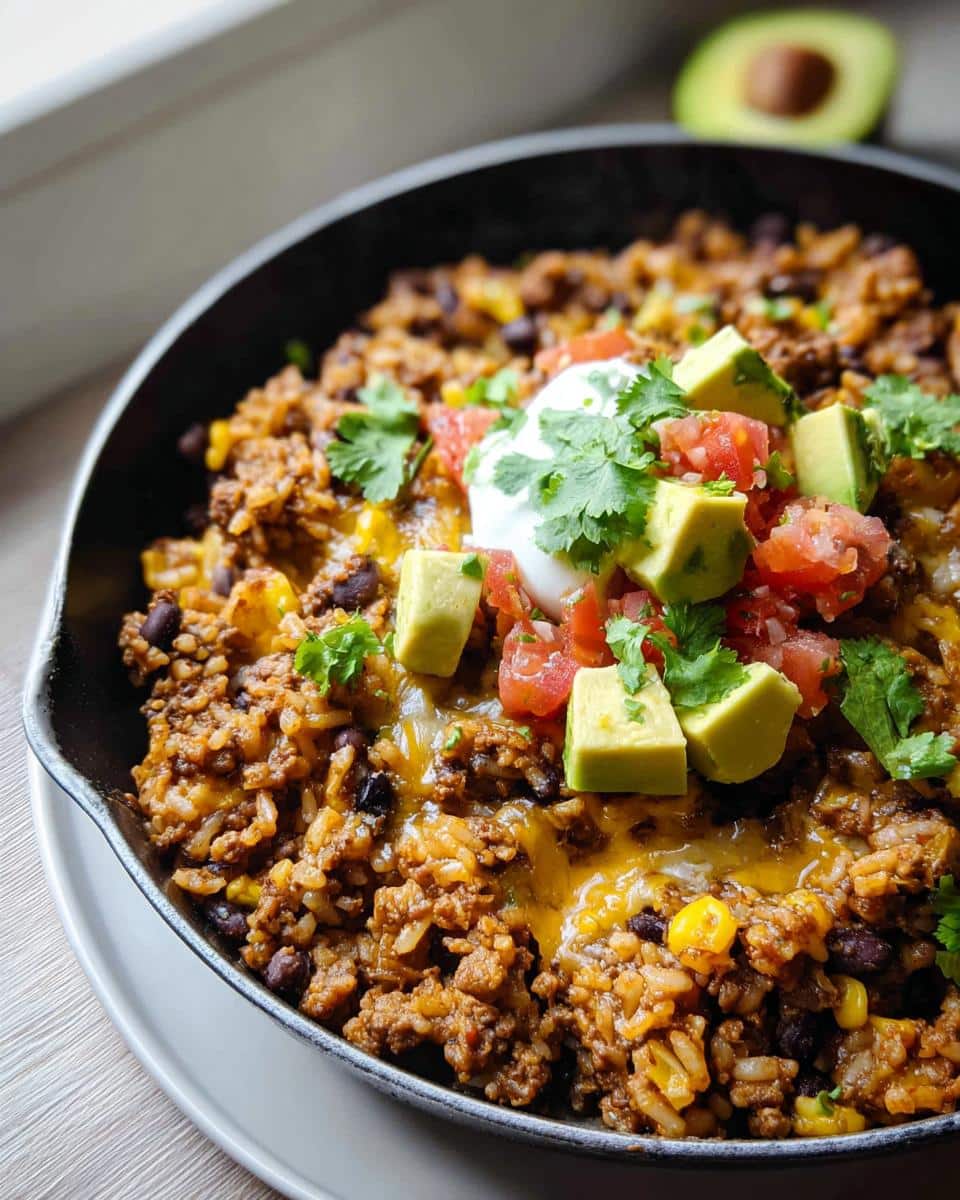 A close-up of a hearty Gluten-Free Taco Skillet featuring seasoned ground meat, rice, black beans, and melted cheese, topped with avocado, tomato, and sour cream.