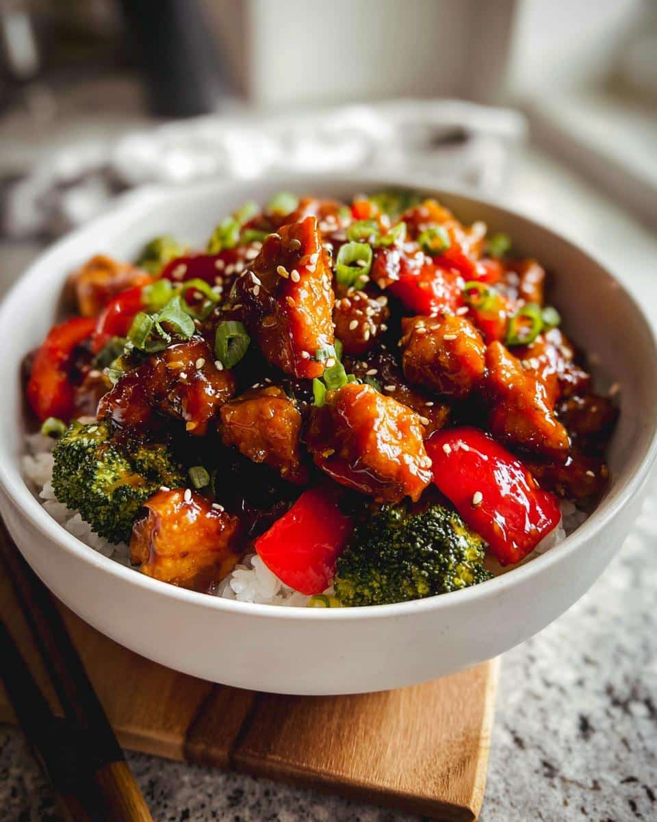 Close-up of a Gluten-Free Teriyaki Chicken Bowl with rice, broccoli, red peppers, and green onions.