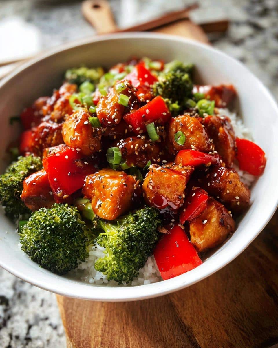 Close-up of a Gluten-Free Teriyaki Chicken Bowl with rice, broccoli, red peppers, and sesame seeds.