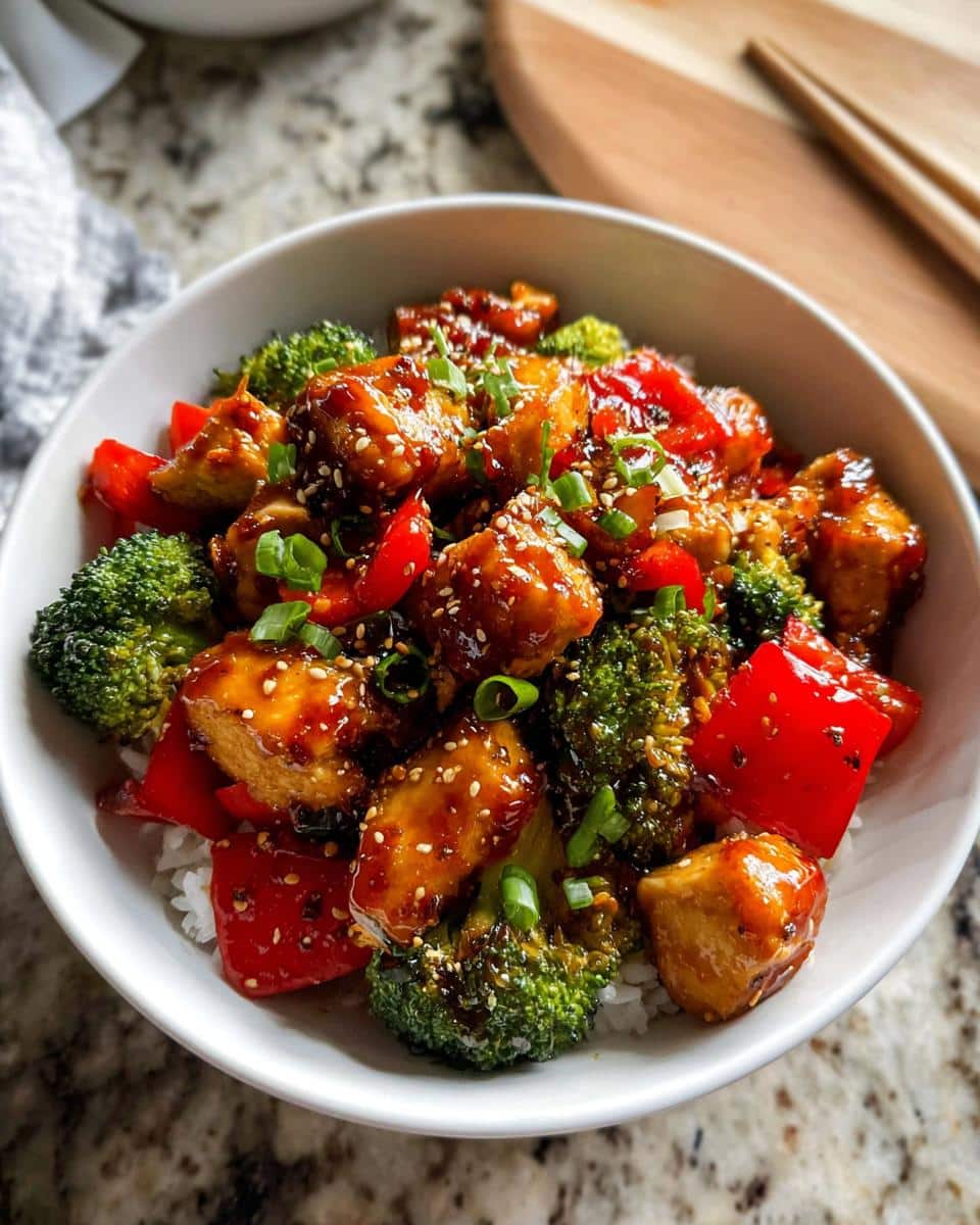 Close-up of a Gluten-Free Teriyaki Chicken Bowl served over white rice with broccoli, red peppers, and sesame seeds.