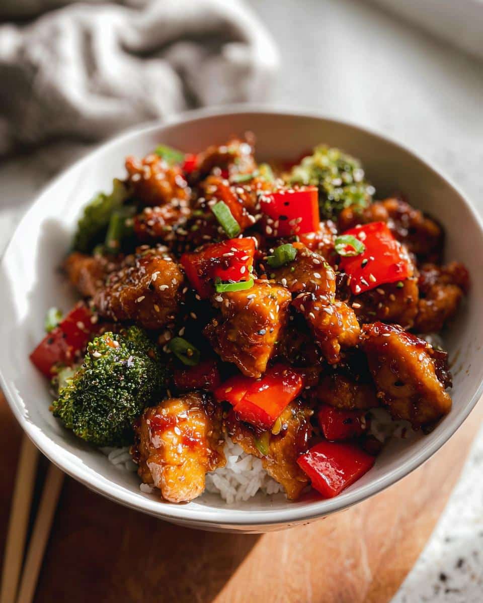 Close-up of a Gluten-Free Teriyaki Chicken Bowl served over white rice with broccoli, red peppers, and sesame seeds.