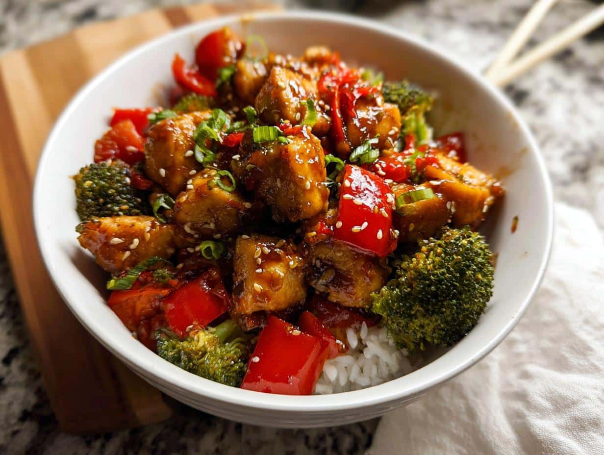 Close-up of a Gluten-Free Teriyaki Chicken Bowl served over white rice with broccoli and red peppers.