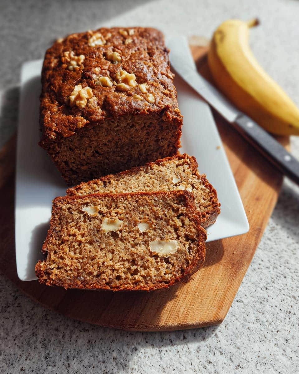 A loaf of Gluten-Free Vegan Banana Bread, partially sliced, topped with walnuts, next to a whole banana.