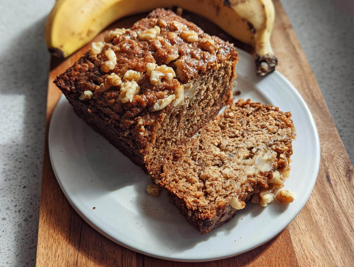 A slice cut from a loaf of moist Gluten-Free Vegan Banana Bread topped with walnuts, served on a white plate.