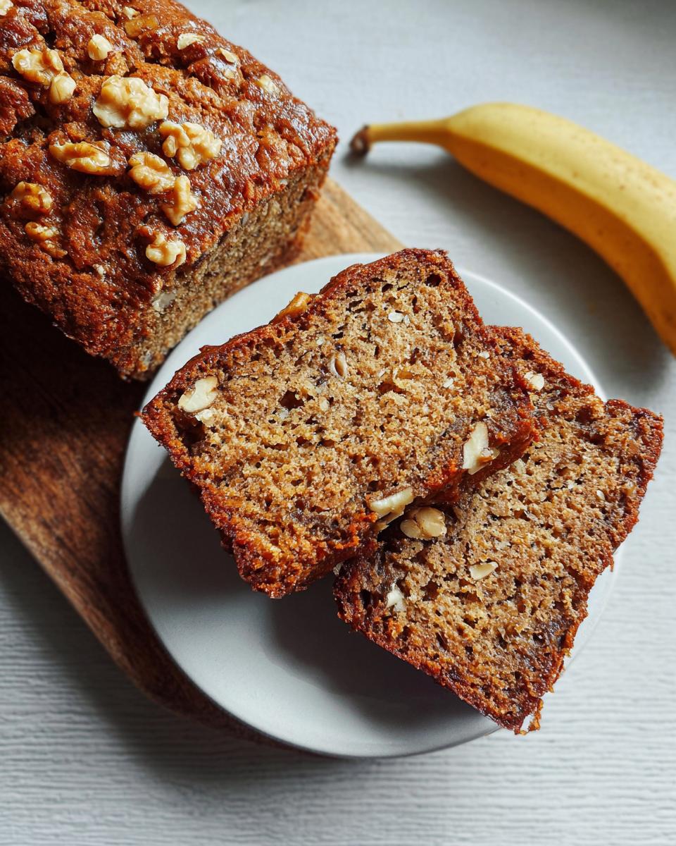 Two slices of moist Gluten-Free Vegan Banana Bread topped with walnuts, next to the loaf and a fresh banana.