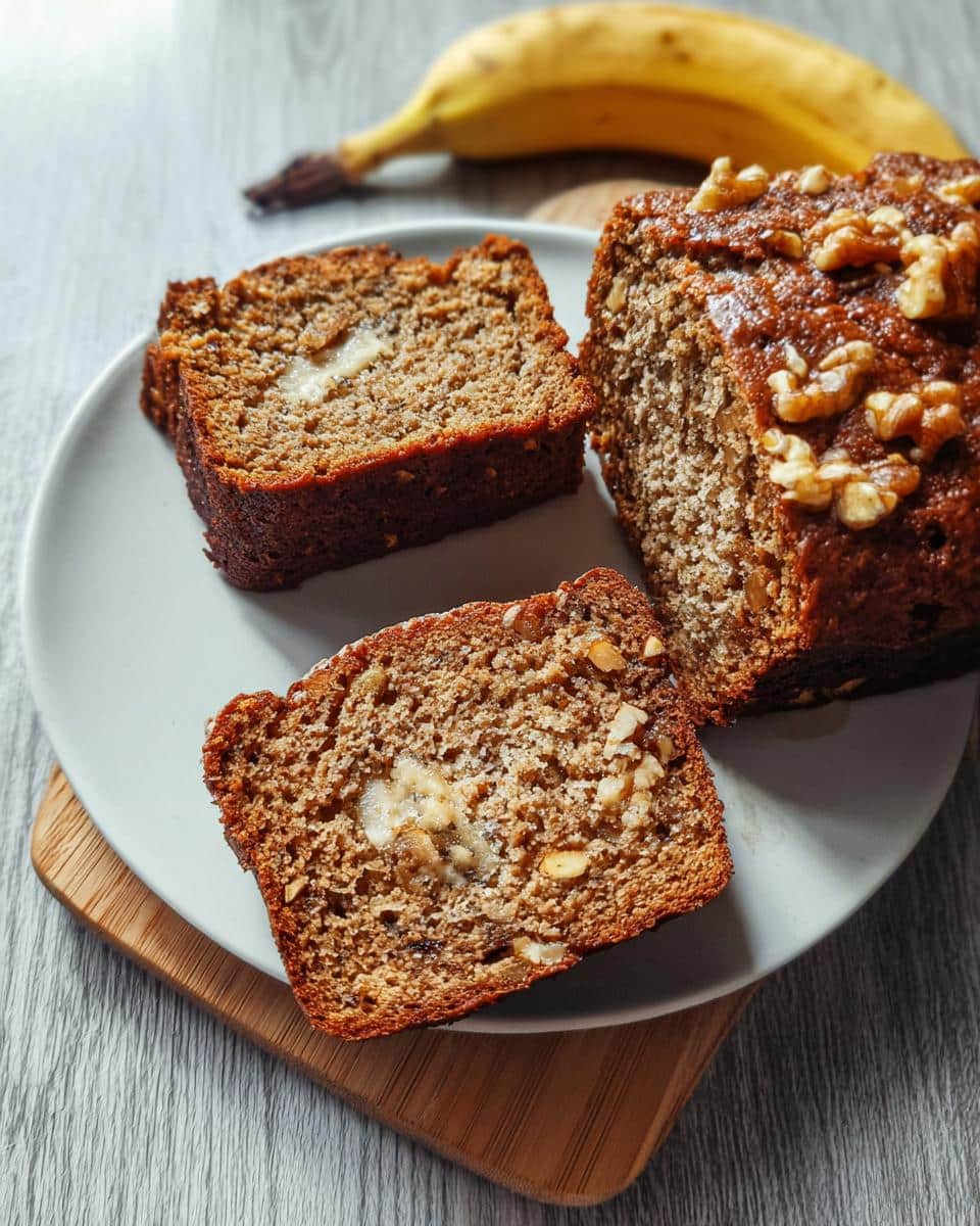 Slices of moist Gluten-Free Vegan Banana Bread topped with walnuts, served on a plate with a whole banana in the background.