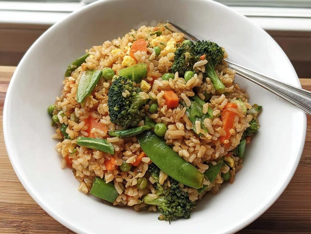 Close-up of a white bowl filled with vibrant Gluten-Free Vegetable Fried Rice featuring broccoli, carrots, and snap peas.