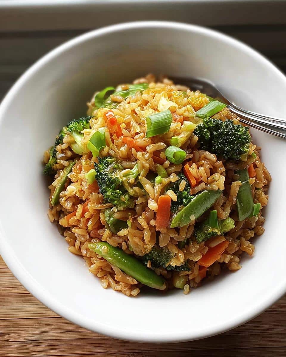 Close-up of a white bowl filled with Gluten-Free Vegetable Fried Rice, featuring broccoli, carrots, and green onions.