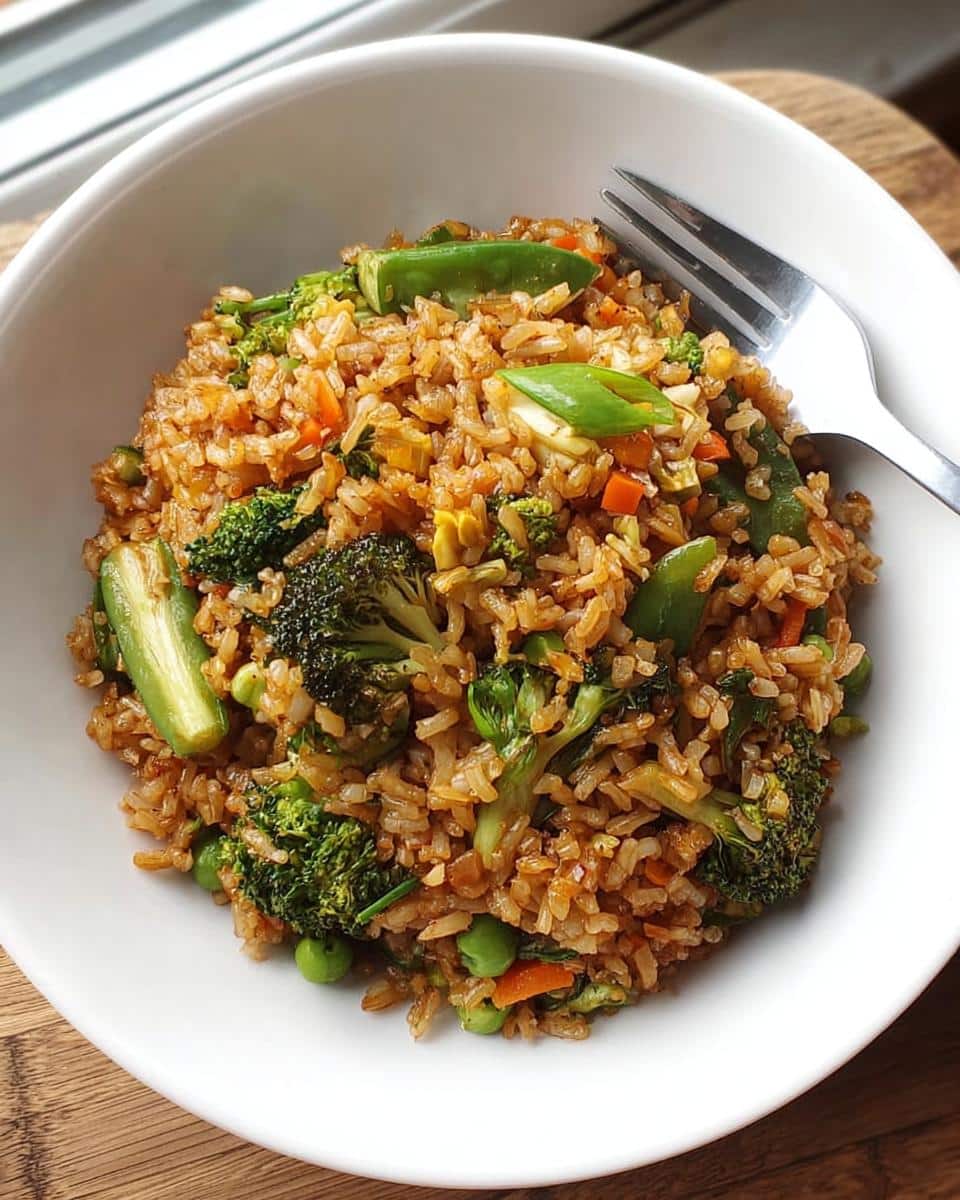 Overhead view of a white bowl filled with colorful Gluten-Free Vegetable Fried Rice featuring broccoli, peas, and carrots.