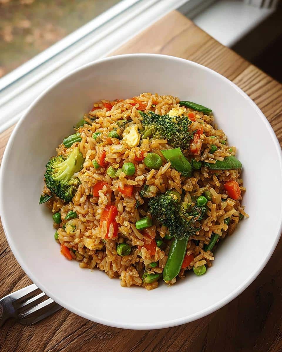 Close-up of a white bowl filled with colorful Gluten-Free Vegetable Fried Rice, featuring broccoli, carrots, and peas.