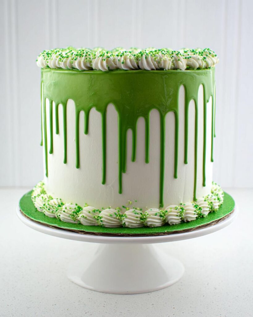 A tall, white frosted cake featuring a vibrant green drip glaze and piped frosting borders decorated with green sprinkles, a perfect Green Drip Cake.