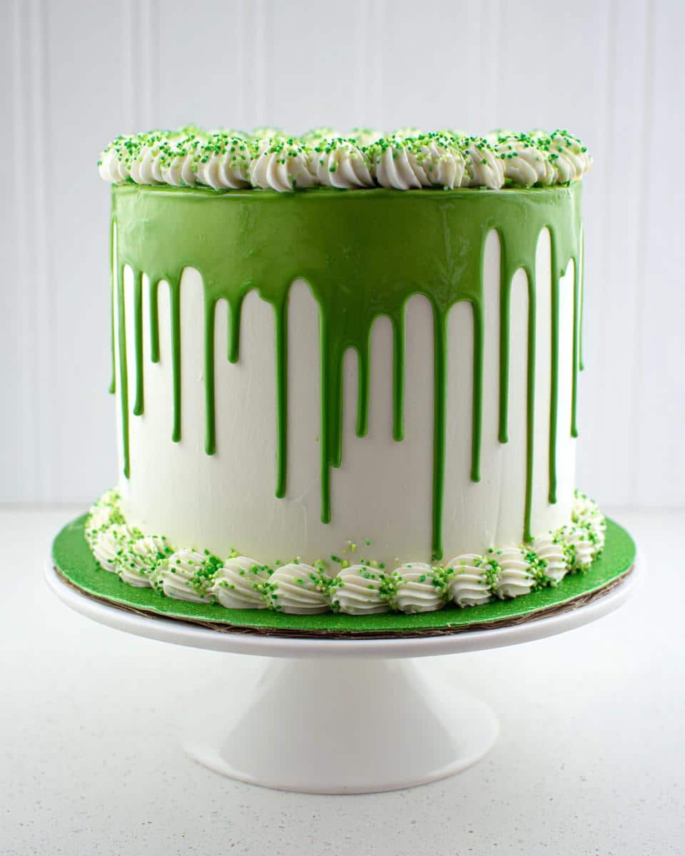 A tall, white frosted cake featuring a vibrant green drip glaze and piped frosting borders decorated with green sprinkles, a perfect Green Drip Cake.