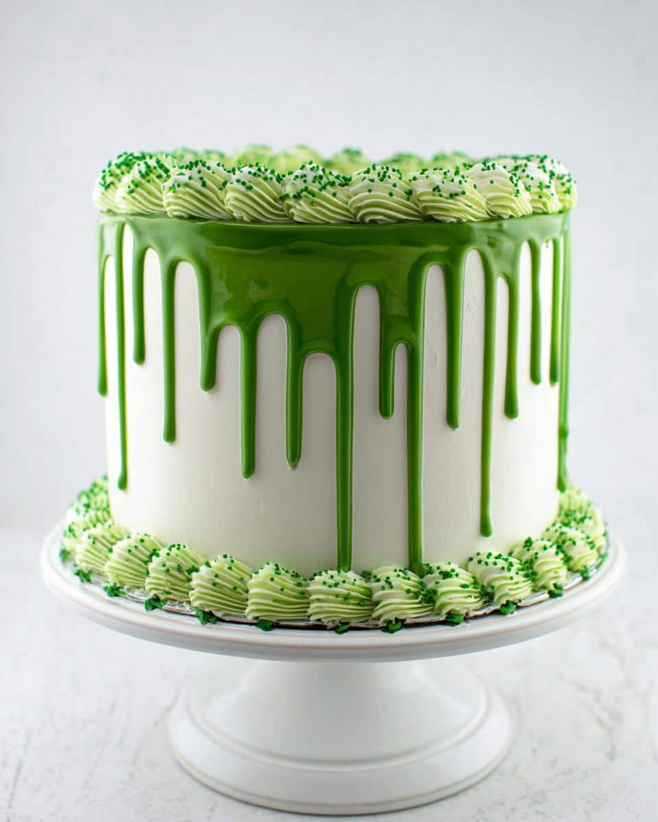 A tall, white frosted cake featuring a vibrant green drip glaze and piped green frosting borders, showcasing a perfect Green Drip Cake.