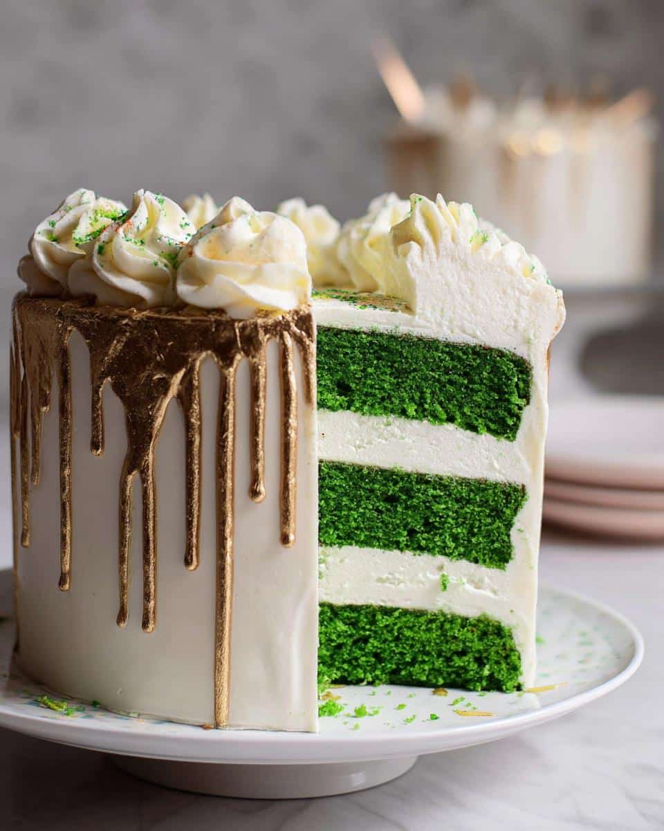 Cross-section of a three-layer Green Velvet Cake with white frosting and a striking gold drip.